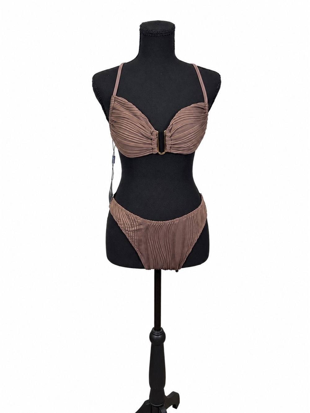 Zaful Coffee Textured U Metal Criss Cross High Waisted Bikini Set (M)